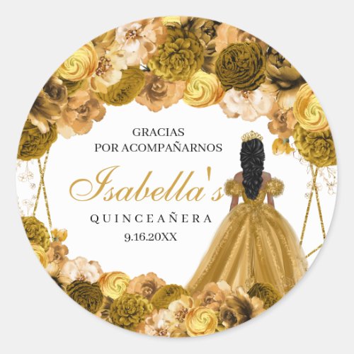 Gold Floral Quinceanera Round Stickers