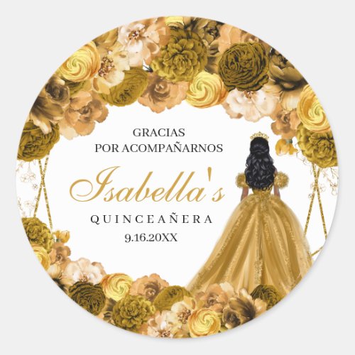 Gold Floral Quinceanera Round Stickers