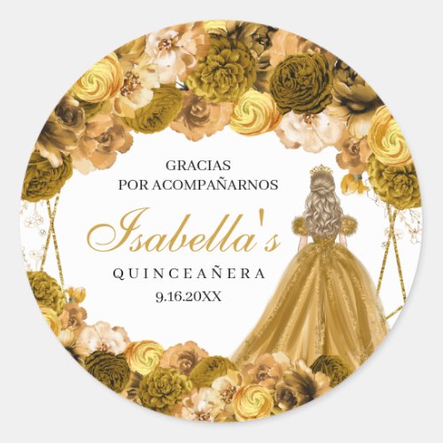 Gold Floral Quinceanera Round Stickers