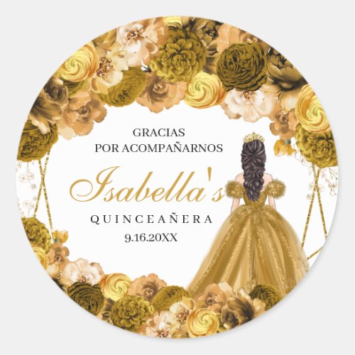 Gold Floral Quinceanera Round Stickers