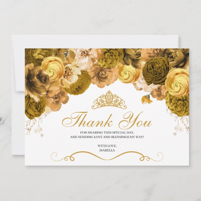Gold Floral Quinceanera Thank You  (Front)