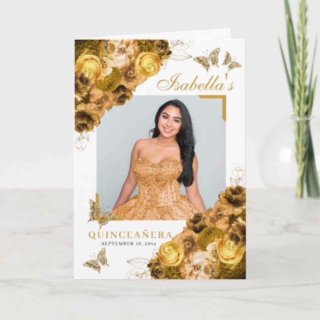 Gold Floral Quinceanera Tiara Butterflies Program (Front)