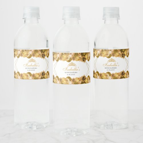 Gold Floral Quinceanera Water Bottle Label
