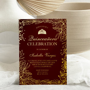 Gold floral red burgundy Tiara chic Quinceanera Foil Invitation