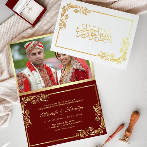 Gold Floral Red Photo Muslim Wedding Foil Card