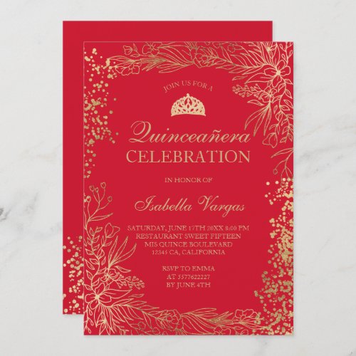 Gold floral red Tiara chic Quinceaera Invitation