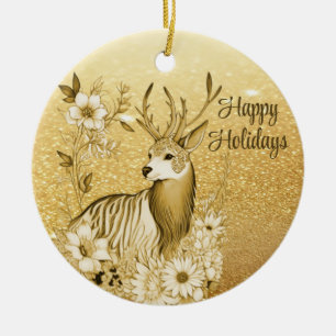 Gold Floral Reindeer Ceramic Ornament
