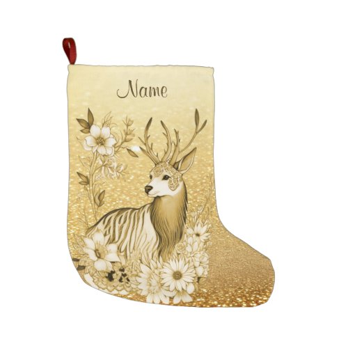 Gold Floral Reindeer Christmas Stocking
