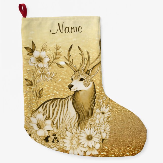 Gold Floral Reindeer Christmas Stocking (Front)