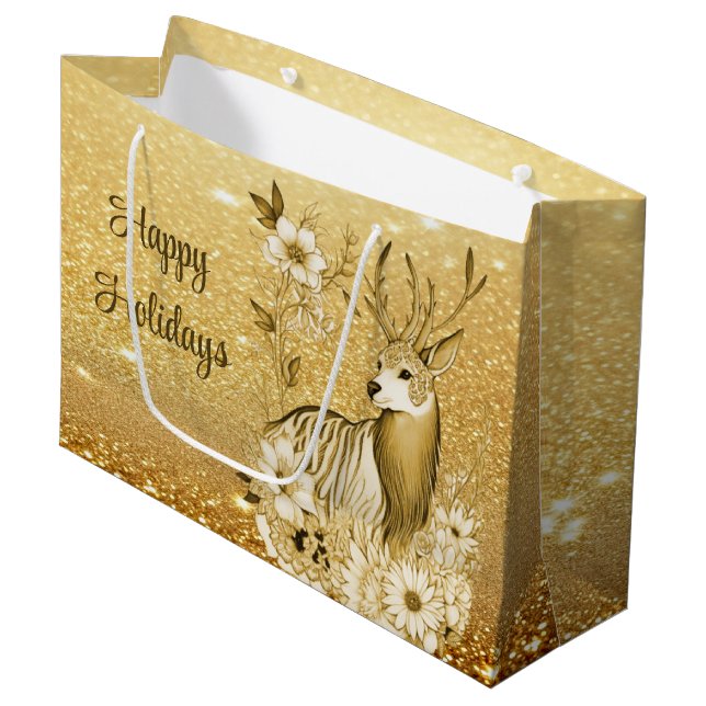 Gold Floral Reindeer Gift Bag (Front Angled)