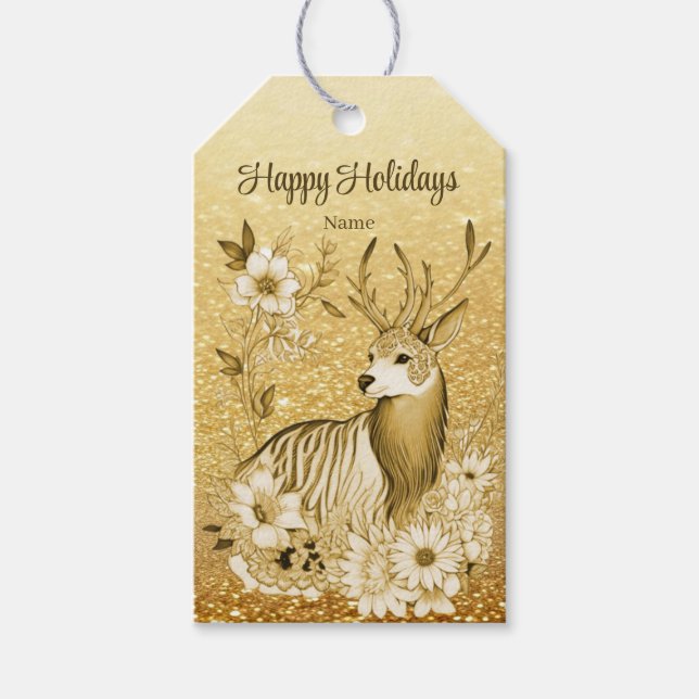 Gold Floral Reindeer Gift Tag (Front)