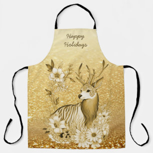 Gold Floral Reindeer Holiday Apron