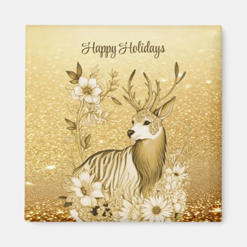 Gold Floral Reindeer Holiday Magnet