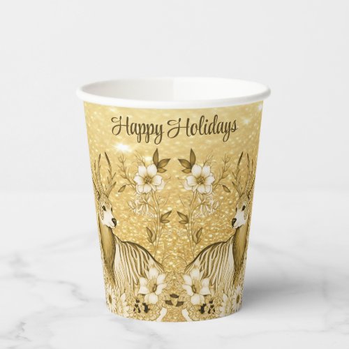 Gold Floral Reindeer Paper Cups