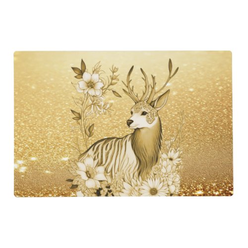 Gold Floral Reindeer Paper Placemat