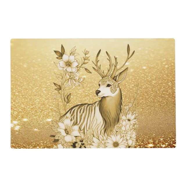 Gold Floral Reindeer Paper Placemat (Front)