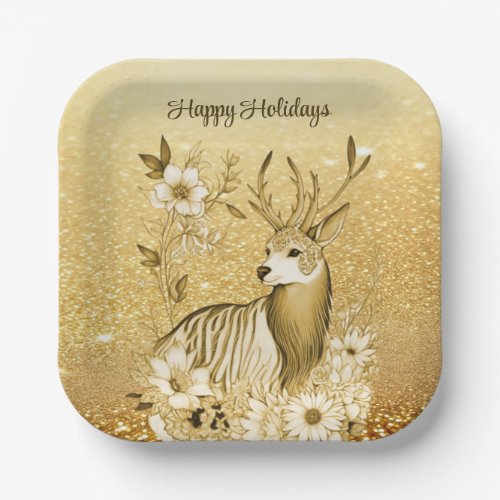 Gold Floral Reindeer Paper Plate