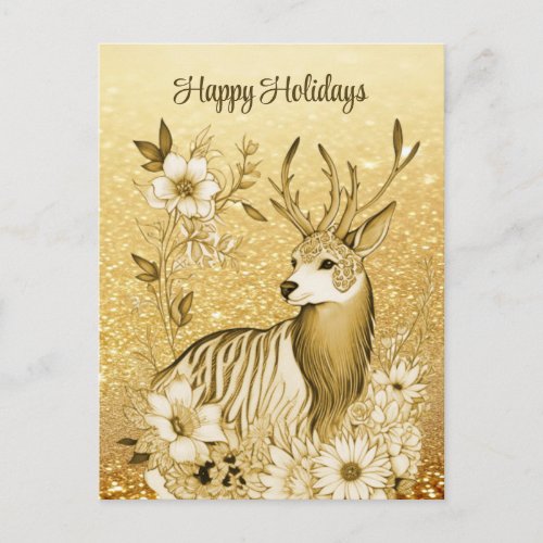 Gold Floral Reindeer Postcard