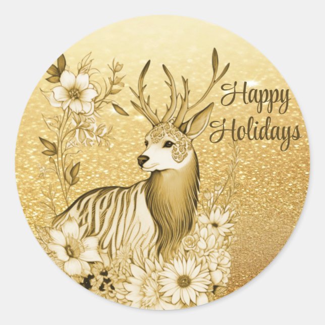 Gold Floral Reindeer Sticker (Front)