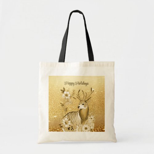 Gold Floral Reindeer Tote Bag