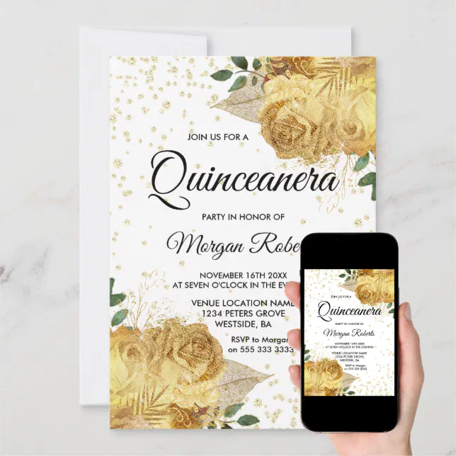 Gold Floral Rose Quinceanera Party Inite Invitation | Zazzle