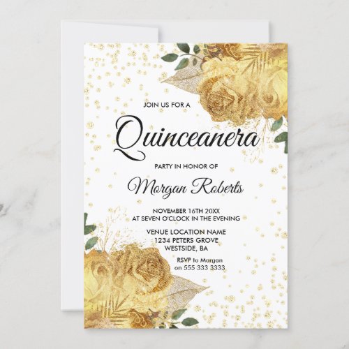 Gold Floral Rose Quinceanera Party Inite Invitation