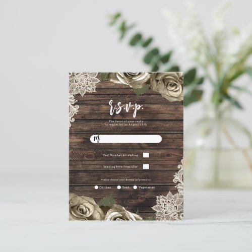 Gold Floral Roses Rustic Barn Wood Wedding RSVP Invitation