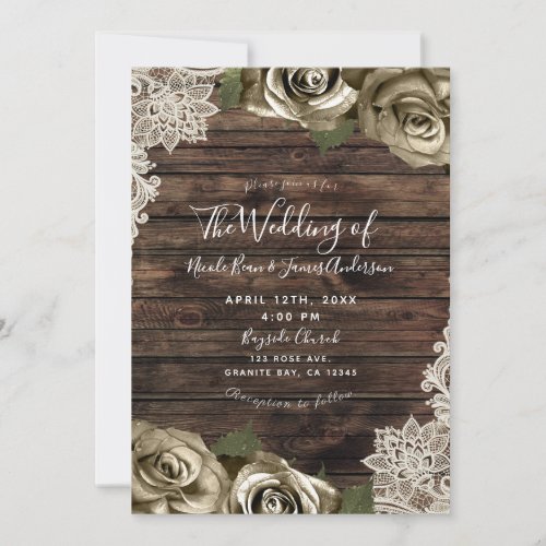 Gold Floral Roses Rustic Wood Cream Lace Invitation