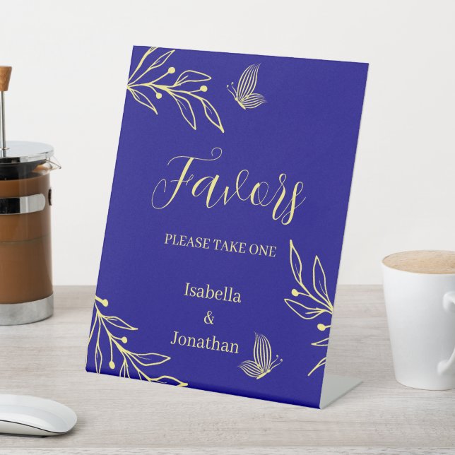 gold floral royal blue wedding favors table  pedestal sign (In SItu)