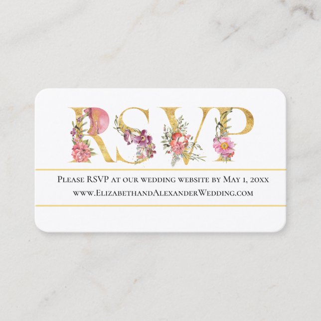 Gold Floral RSVP Wedding Website  Business Card (Front)