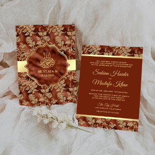 Gold Floral Rust Orange Islamic Muslim Wedding Invitation