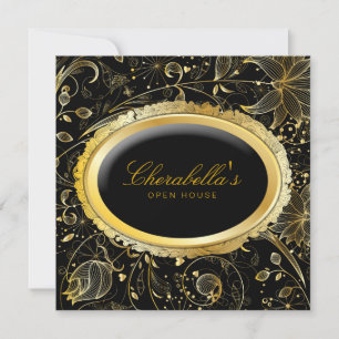 Gold Floral Salon Elegant Open House Promo Invitation