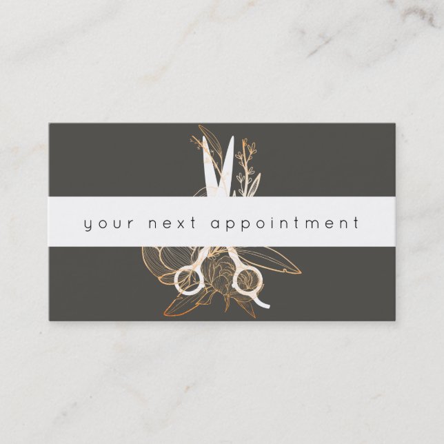 Gold Floral Salon Scissors Logo Appointment Business Card (Front)