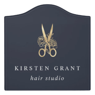 Gold Floral Scissors Logo   Hair Stylist or Salon Door Sign