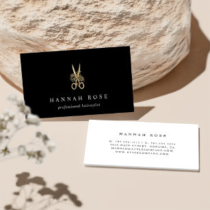 Gold Floral Scissors Logo Hairstylist Business Card