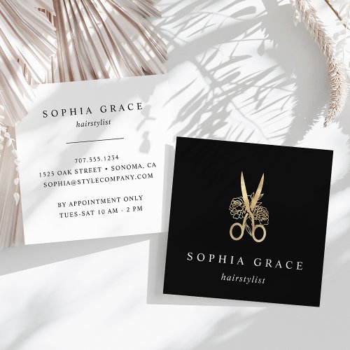 Gold Floral Scissors Logo Hairstylist Square Business Card