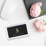Gold Floral Scissors Personalized Hairstylist Business Card Case<br><div class="desc">Elegant business card holder for hairstylists or salon owners features your name and/or business name in classic white lettering on a black background adorned with a pair of floral-embellished scissors in faux gold foil. Makes a beautiful personalized gift for a hairstylist or cosmetology school graduate.</div>