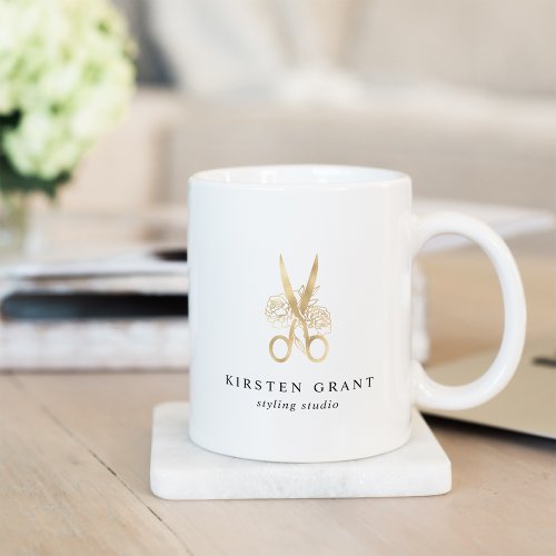 Gold Floral Scissors Salon Logo Coffee Mug