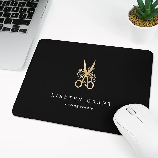 Gold Floral Scissors Salon Logo Mouse Pad (Creator Uploaded)