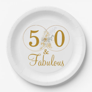 Gold Floral Script 50th Birthday Party Paper Plates