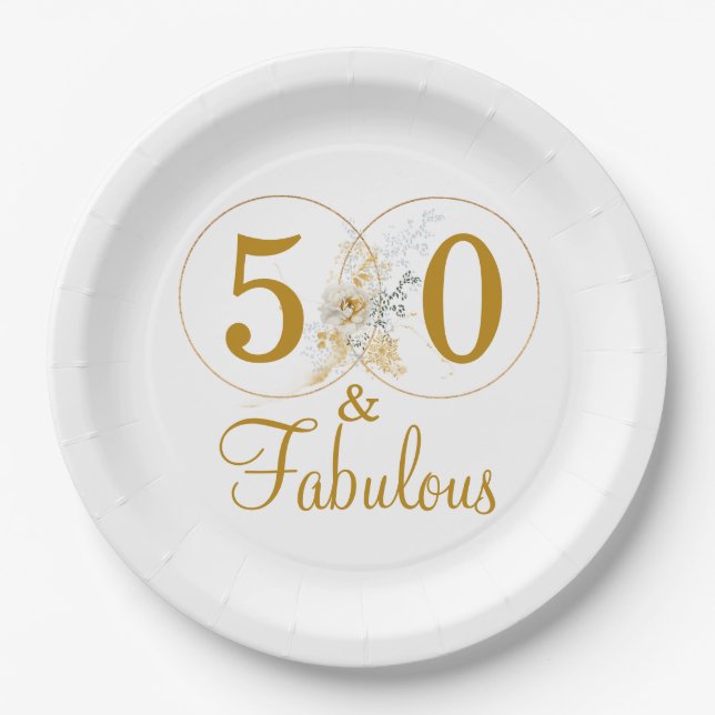 Gold Floral Script 50th Birthday Party Paper Plates (Front)