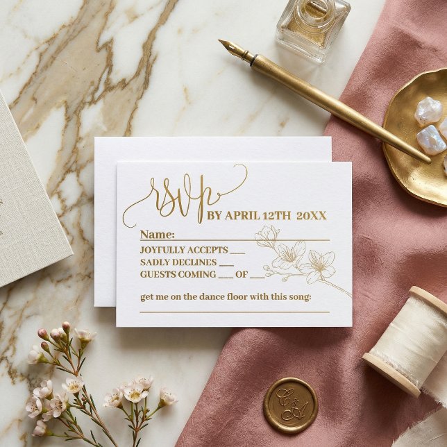 Gold Floral Script Whimsical Wedding RSVP | Elegan Card (Gold Floral Script Whimsical Wedding RSVP | Elegant Bloom Reply Card)