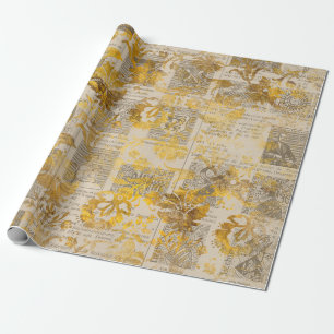 Gold Floral Scroll and Vintage Newsprint Wrapping Paper