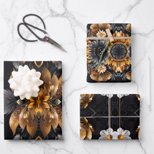 Gold floral silver floral black background wrapping paper sheets