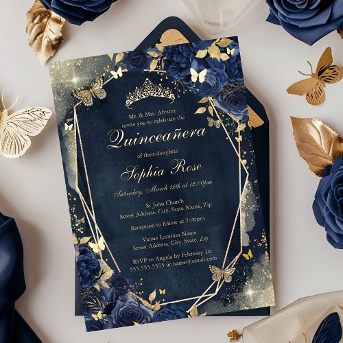 Gold Floral Sparkle Butterfly Navy Quinceanera Foil Invitation