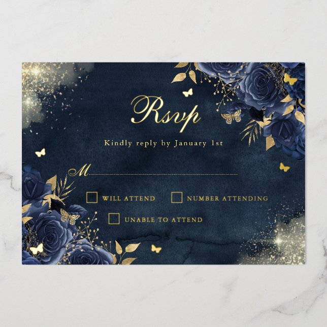Gold Floral Sparkle Butterfly Navy Quinceanera Foil Invitation (Front)