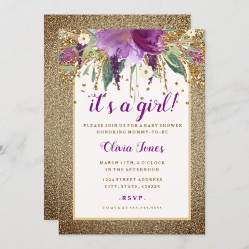 Gold Floral Sparkling Amethyst Baby Shower Invite