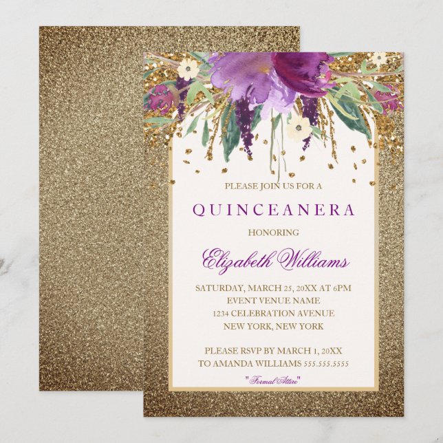 Gold Floral Sparkling Amethyst Quinceanera Invite (Front/Back)