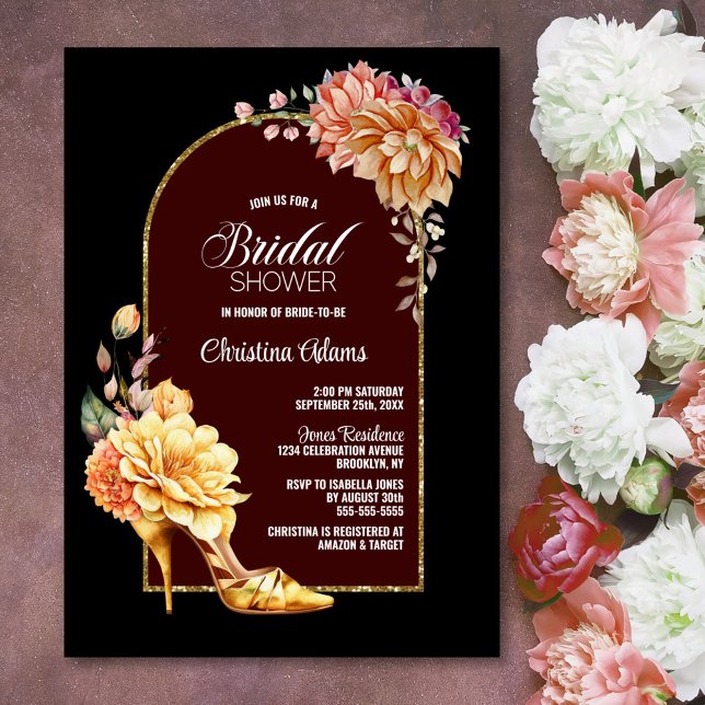 Gold Floral Stiletto Shoe Black Arch Bridal Shower Invitation (Creator Uploaded)