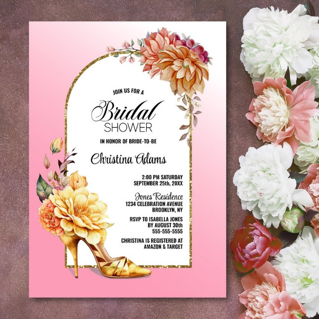 Gold Floral Stiletto Shoe Pink Arch Bridal Shower Invitation
